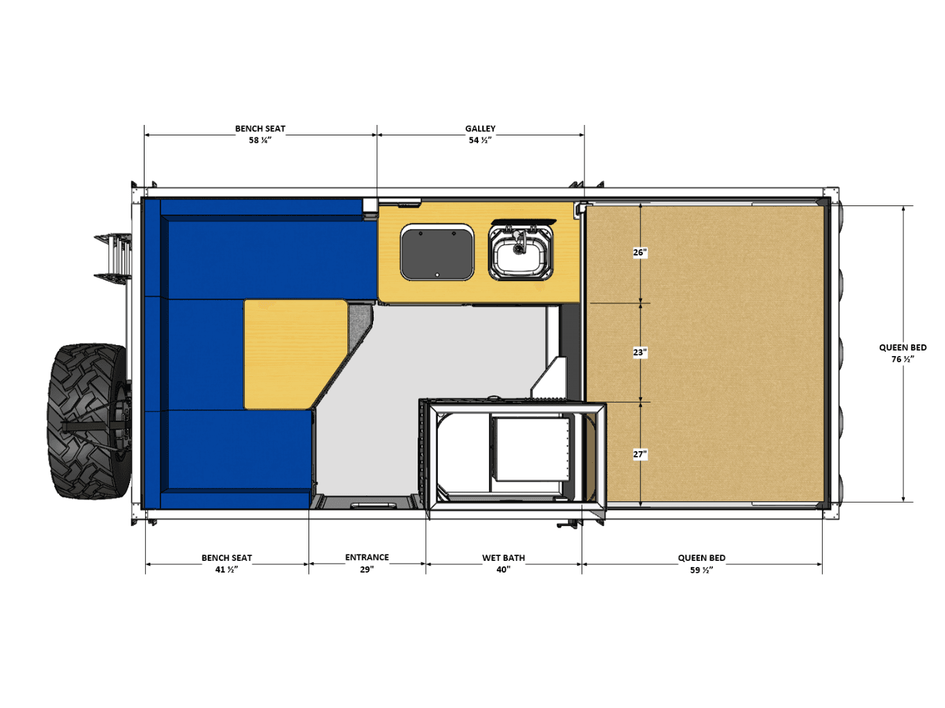 High Country Pop-Up floor plan showing U-shaped dinette, wet bath, queen bed, and galley layout