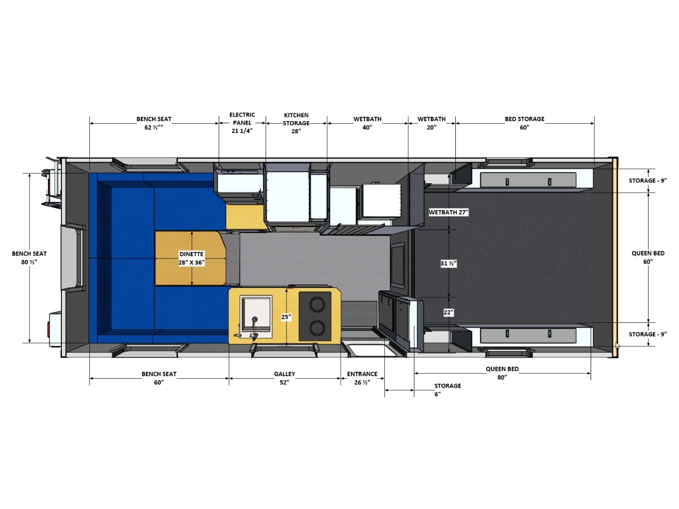 Summit Chassis-Mounted Hard Side floor plan showing north/south queen bed, galley, dinette, and wet bath layout