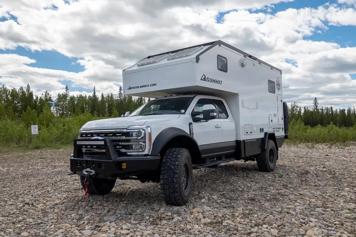 Summit Hard Side chassis-mounted expedition camper, three-quarter exterior view