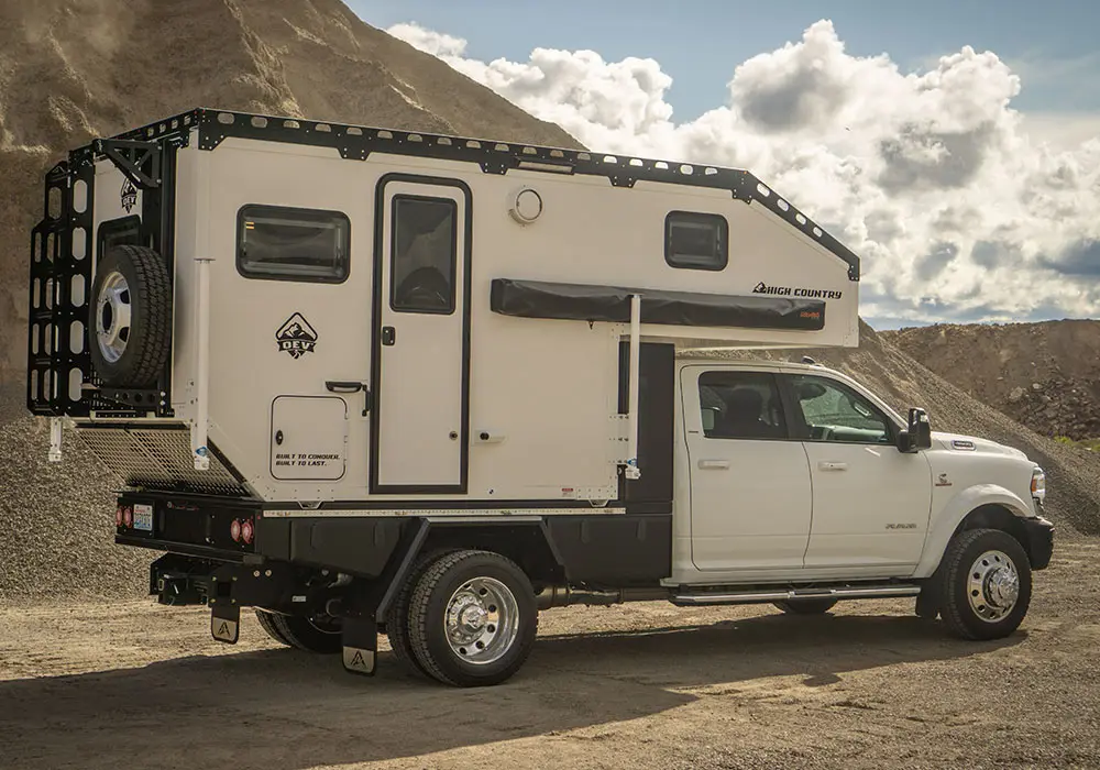 High Country Hard Side truck camper on F-450, three-quarter exterior view