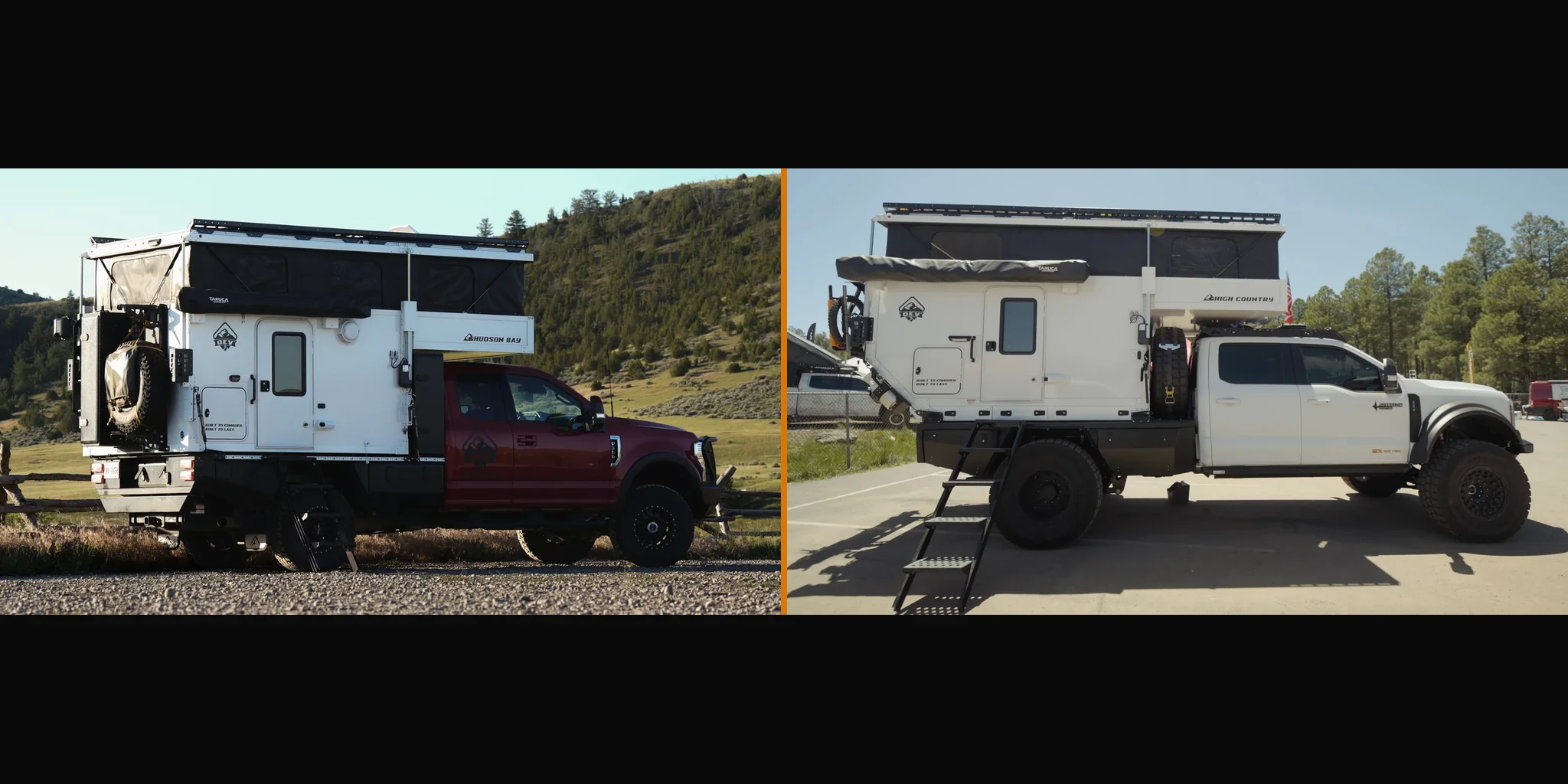 OEV Hudson Bay wet bath flatbed pop-up on a red one-ton truck beside the High Country flatbed pop-up on a white F-550, both with roofs raised